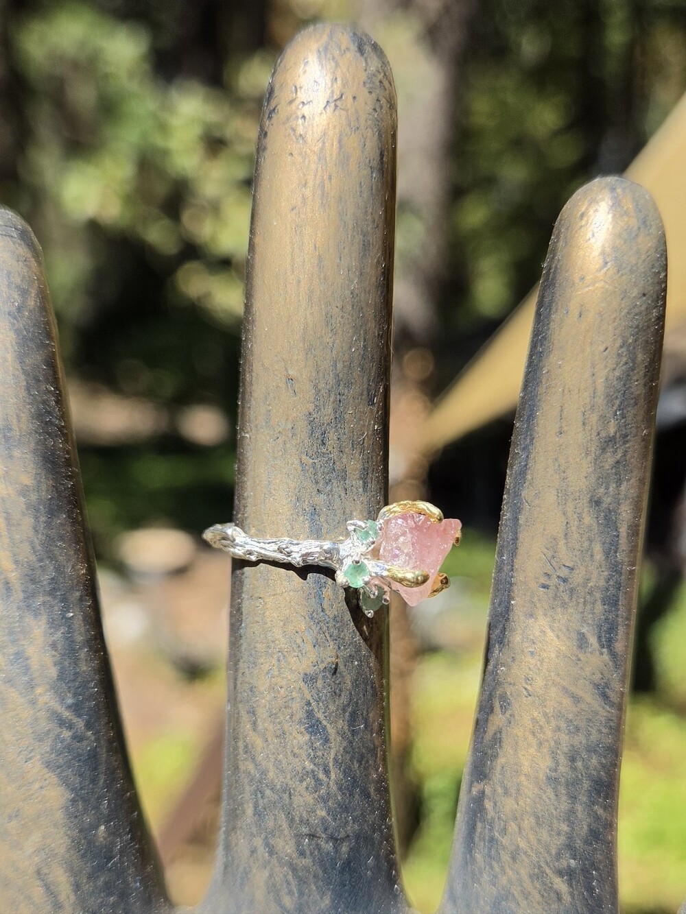 Raspberry Tourmaline & Emerald Sterling & Gold Rind Sz6.5 - Picture 6 of 8